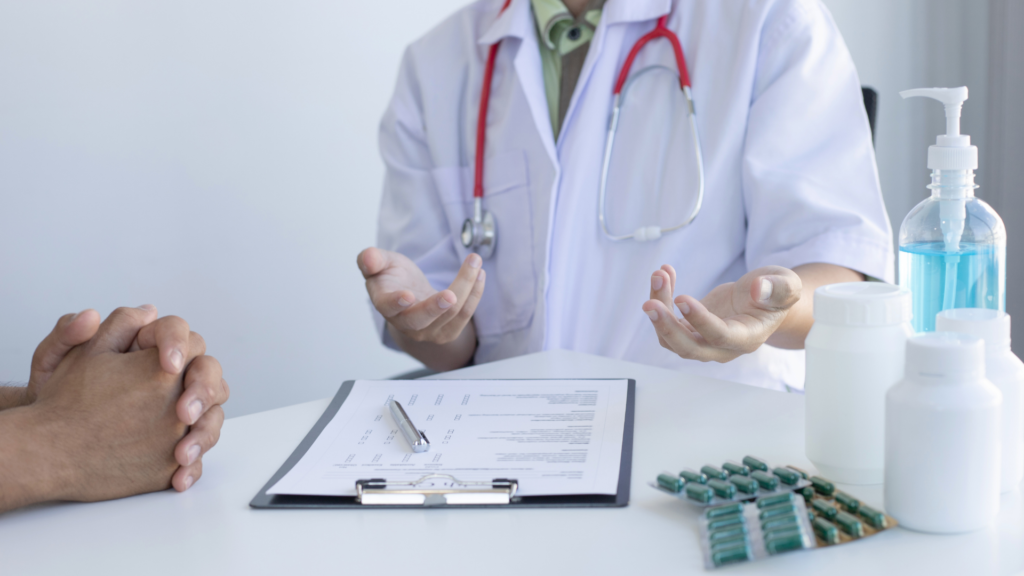 Health care provider talks to a patient about men's health 